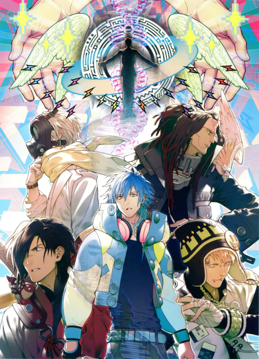 beni_(dramatical_murder), bird, black_hair, blonde_hair, blue_hair, brown_hair, clear_(dramatical_murder), dramatical_murder