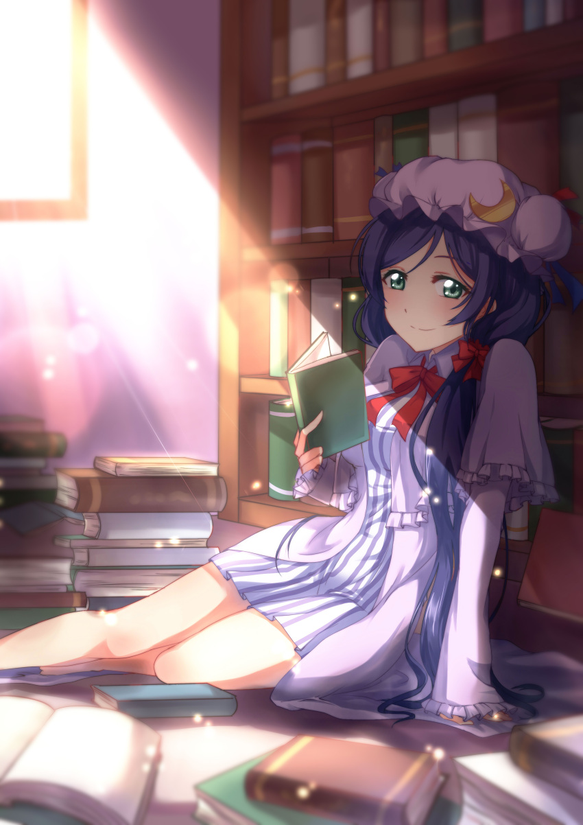 absurdres, book, bow, cosplay, crescent, gogatsu_fukuin, green_eyes, hair_bow