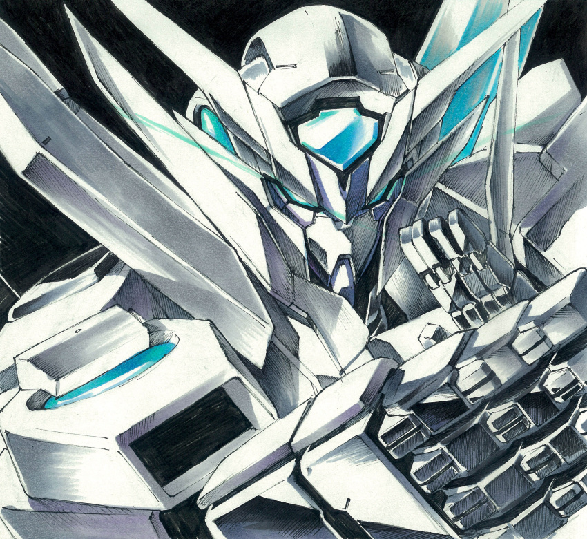 absurdres, black_background, daue, fighting_stance, gundam, gundam_build_fighters, gundam_build_fighters_try, highres, mecha, solo, traditional_media, transient_gundam