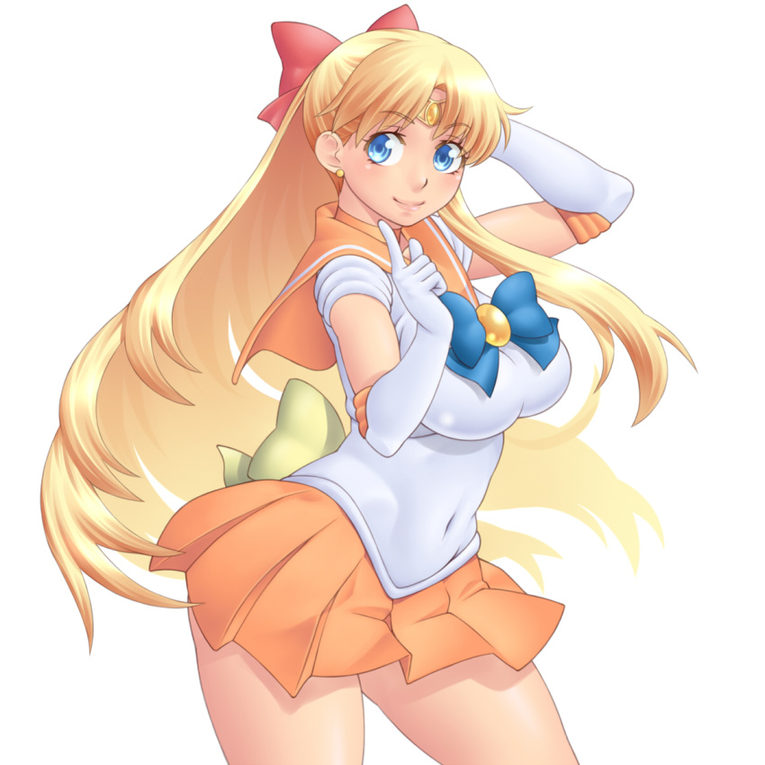 aino_minako, bishoujo_senshi_sailor_moon, blonde_hair, blue_eyes, bow, breasts, circlet, covered_navel, gloves, hair_bow, highres, huge_breasts, long_hair, masato_(mk), sailor_venus, simple_background, skirt, smile, thighs, very_long_hair, white_background