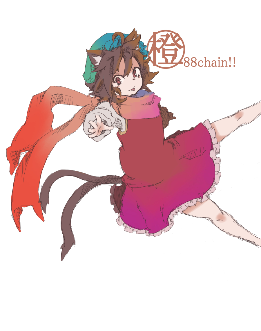 1girl, animal_ears, brown_hair, cat_ears, cat_tail, character_name, chen, earrings