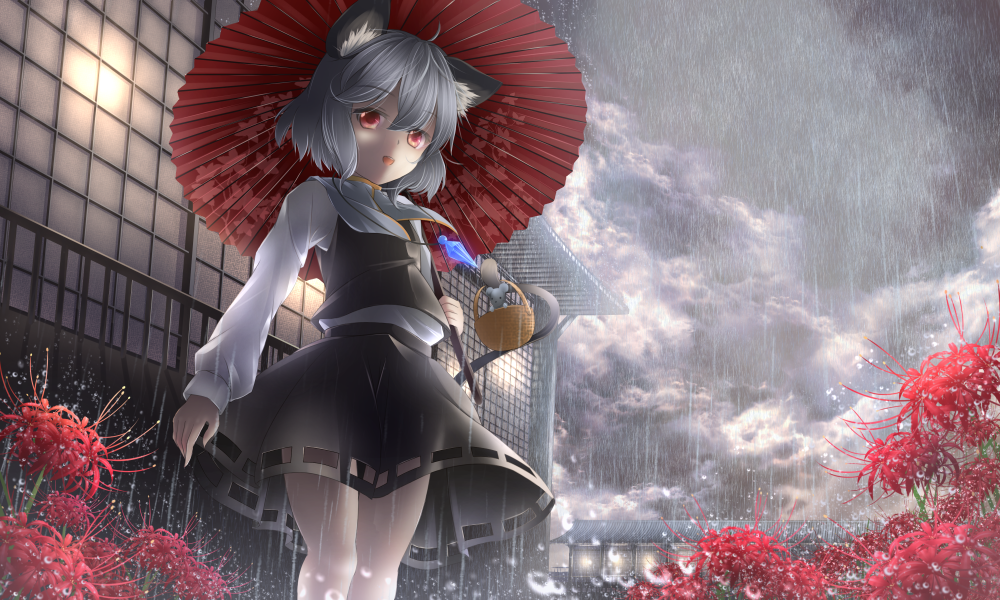 1girl, animal_ears, basket, building, capelet, clouds, flower, gem