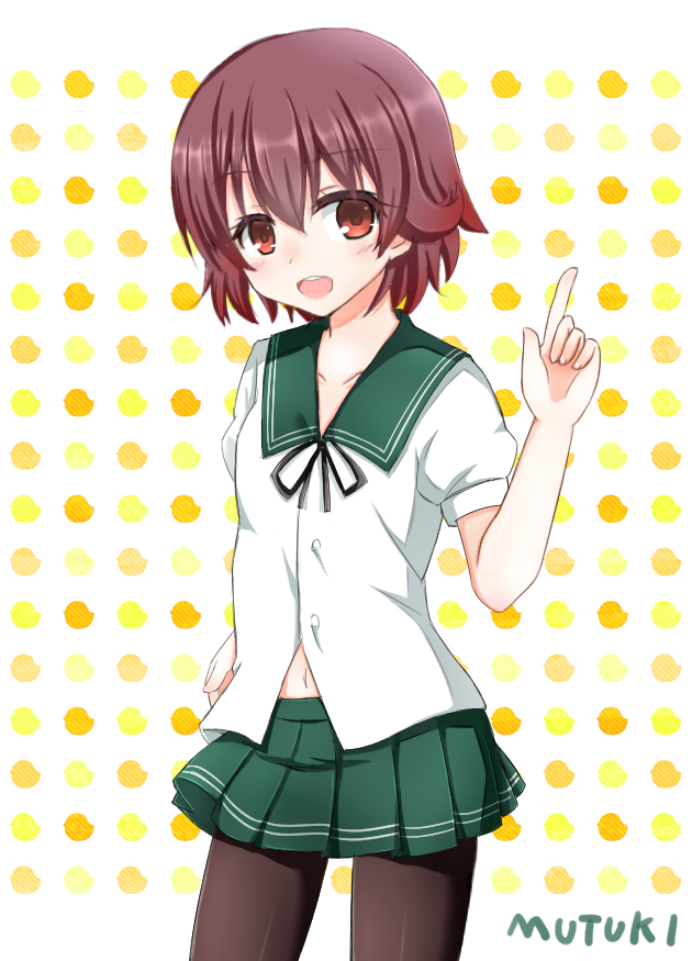 1girl, black_legwear, blush, brown_eyes, brown_hair, green_skirt, kantai_collection, kurose_yuuki