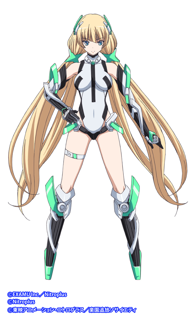 1girl, angela_balzac, bare_shoulders, blonde_hair, blue_eyes, bodysuit, breasts, covered_navel