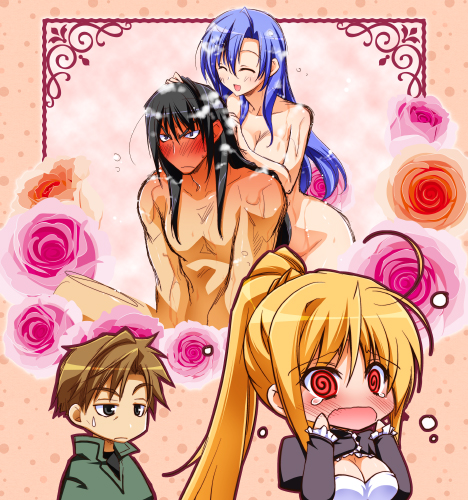 2boys, 2girls, asio_(asiogimuto), baltuetas_(sen_no_maken), black_hair, blonde_hair, blue_hair, blush