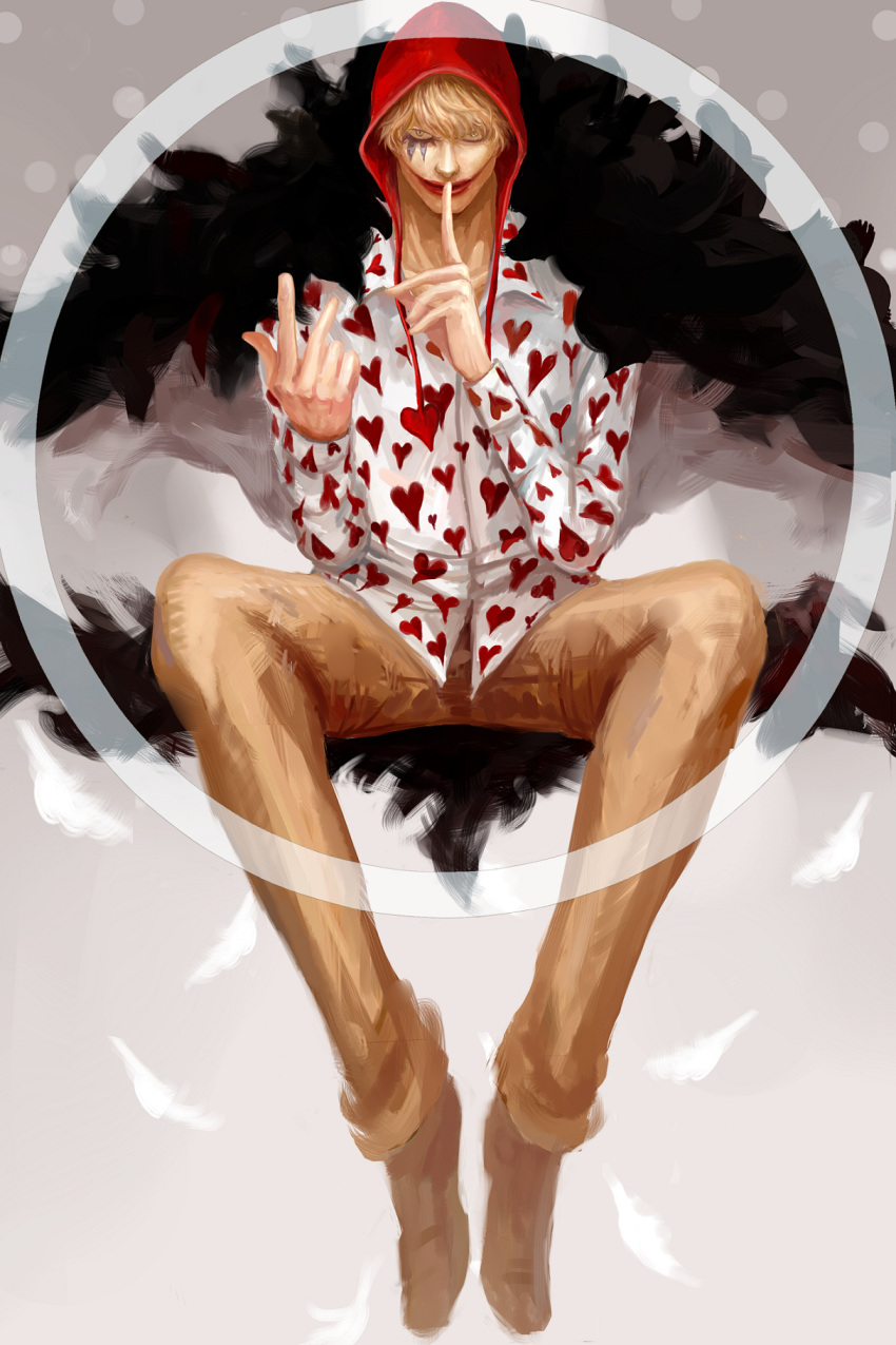 1boy, blonde_hair, donquixote_rocinante, facial_mark, feathers, finger_to_mouth, fur_cape, highres