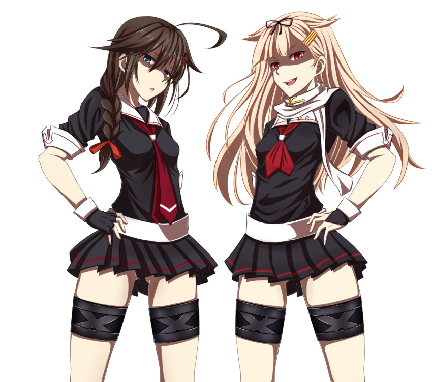 2girls, ahoge, black_gloves, black_serafuku, black_skirt, blonde_hair, blue_eyes, braid
