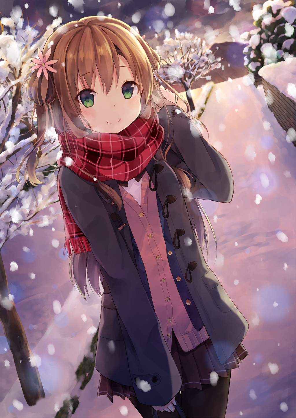 1girl, brown_hair, flower, green_eyes, hair_flower, hair_ornament, highres, jacket, long_hair, nononon, original, scarf, skirt, smile, snow, snowing, solo, thigh-highs, tree, twintails, vest