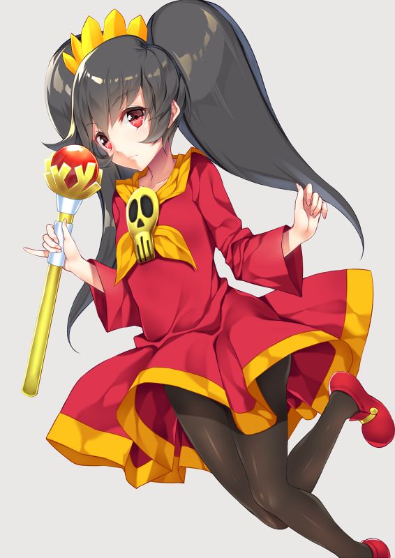 1girl, ashley, ashley_(warioware), baton, black_hair, black_legwear, dress, hair_ornament