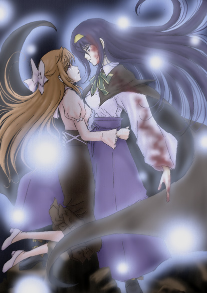2girls, blonde_hair, blood, blood_on_face, bloody_clothes, blue_hair, bow, brown_skirt