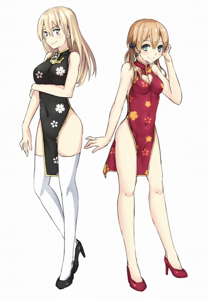 2girls, alternate_costume, anchor_hair_ornament, bare_legs, bare_shoulders, bismarck_(kantai_collection), black_dress, blonde_hair, blue_eyes, blush, breasts, china_dress, chinese_clothes, cleavage, cleavage_cutout, covered_navel, dress, floral_print, full_body, hair_ornament, high_heels, kantai_collection, kz_(kazuma-rising), large_breasts, long_hair, multiple_girls, no_panties, prinz_eugen_(kantai_collection), red_dress, simple_background, sleeveless, sleeveless_dress, smile, standing, taut_clothes, taut_dress, thigh-highs, twintails, white_background, white_legwear