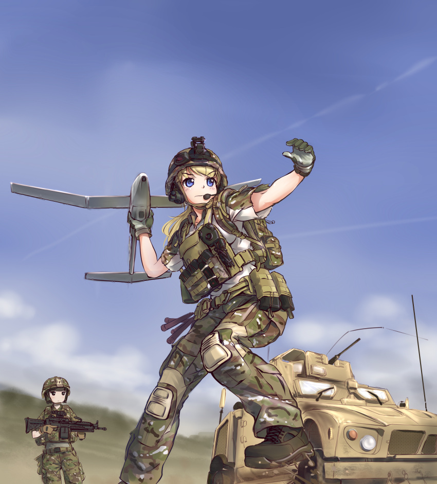 2girls, absurdres, backpack, bag, blonde_hair, blue_eyes, blush, brown_hair