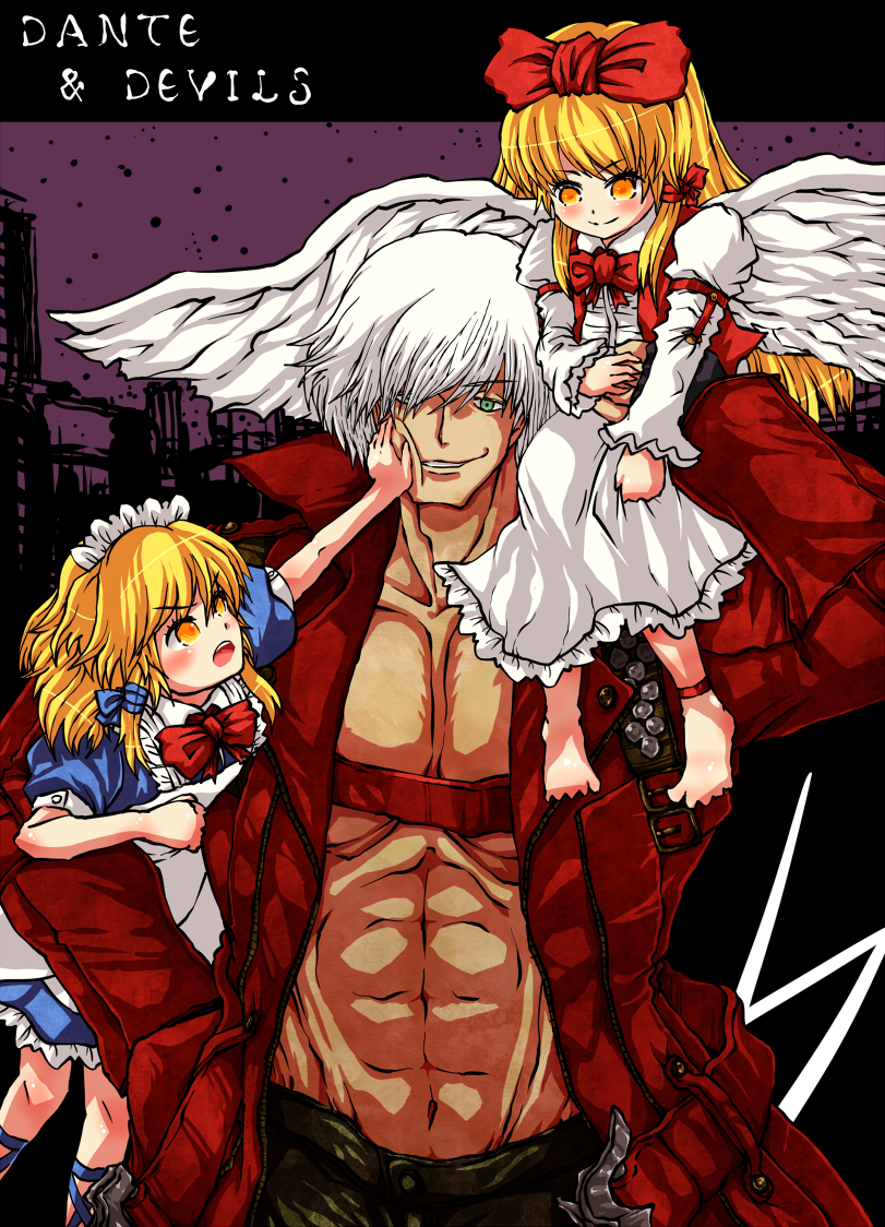 1boy, 2girls, angel_wings, barefoot, blonde_hair, dante_(devil_may_cry), devil_may_cry, fingerless_gloves, gengetsu, gloves, green_eyes, hair_ribbon, jacket, m.u.g.e.n, maid, mugetsu, multiple_girls, muscle, n_(dai_n_honpo), ribbon, shirt, siblings, sisters, touhou, touhou_(pc-98), white_hair, wings, yellow_eyes