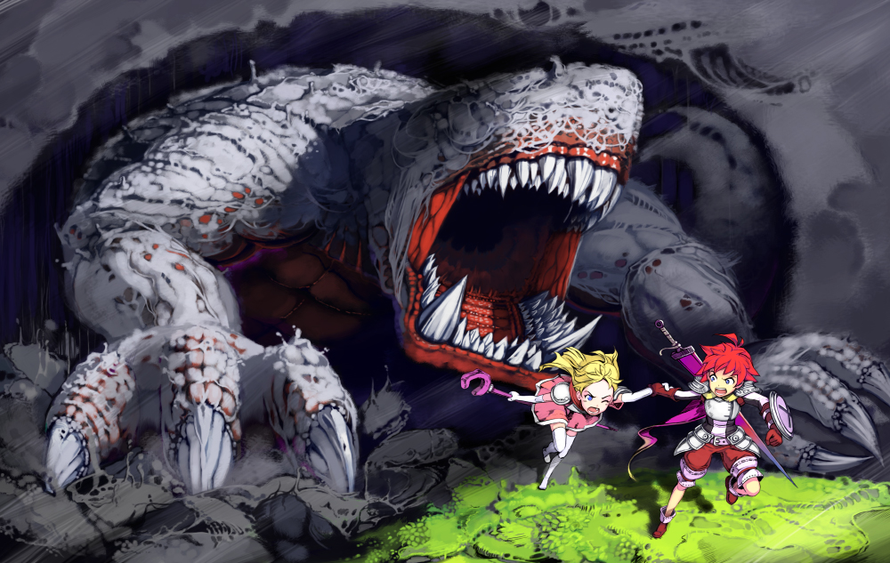 armor, blonde_hair, blue_eyes, fantasy, kuro_kuro_kuro, kurokurokuro, monster, original, running, staff, sword, thighhighs, weapon, wince