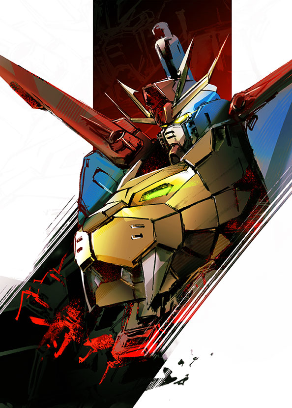 bust, cannon, fangs, glowing, glowing_eyes, green_eyes, gundam, gundam_build_fighters
