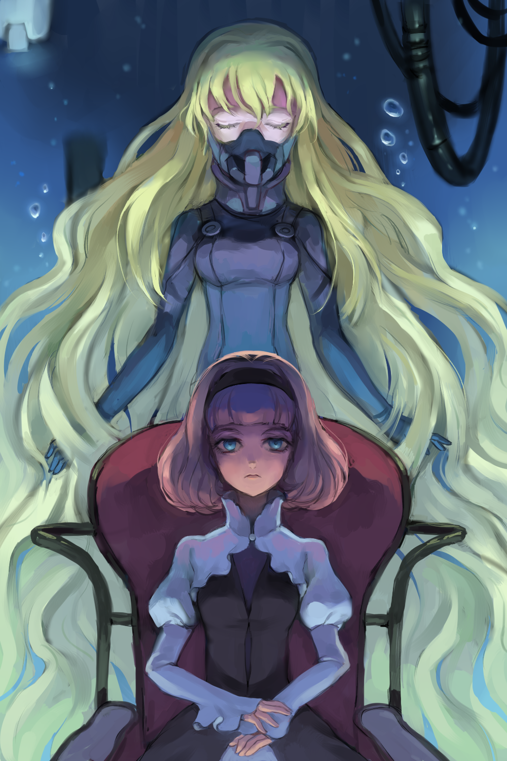 1girl, 2girls, aldnoah.zero, asseylum_vers_allusia, bangs, blonde_hair, blue_eyes, blunt_bangs