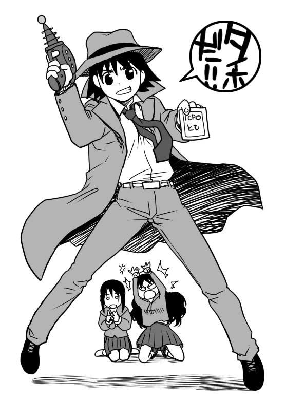 azumanga_daioh, badge, cuffs, detective, fedora, formal, gun, handcuffs, hat, kurosawa_minamo, monochrome, necktie, pant_suit, police, ray_gun, sakaki_imasato, school_uniform, short_hair, suit, takino_tomo, tanizaki_yukari, translated, trench_coat, weapon