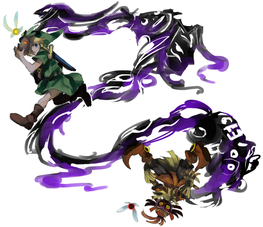 akilico, blonde_hair, blue_eyes, link, majora's_mask, mask, pointy_ears, skull_kid