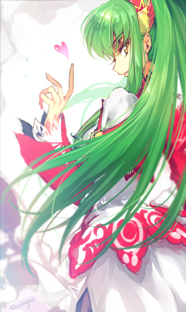 c.c., code_geass, cosplay, creayus, dress, earrings, green_hair, heart, jewelry, lailah_(tales), lailah_(tales)_(cosplay), tales_of_(series), tales_of_zestiria, yellow_eyes