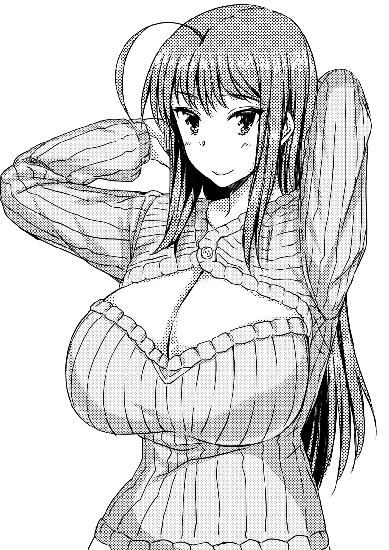 ahoge, breasts, cleavage, cleavage_cutout, huge_breasts, long_hair, maru_(maruttona), ooba_minori, open-chest_sweater, original, smile, sweater
