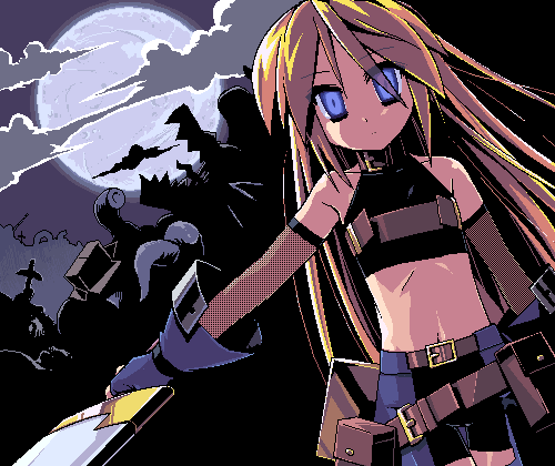 blonde_hair, blue_eyes, flat_chest, lowres, moon, night, oekaki, original