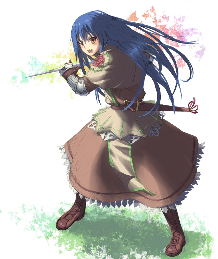 1girl, blue_hair, egnigem_cenia, long_hair, looking_at_viewer, mismi, open_mouth, orange_eyes