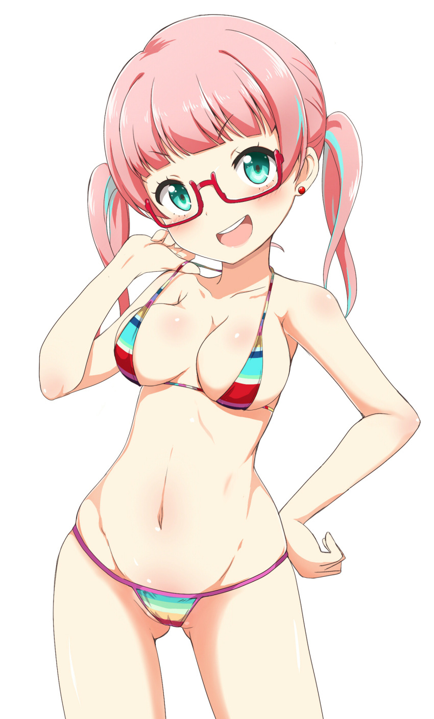 1girl, aqua_eyes, aqua_hair, bikini, blush, breasts, cleavage, earrings