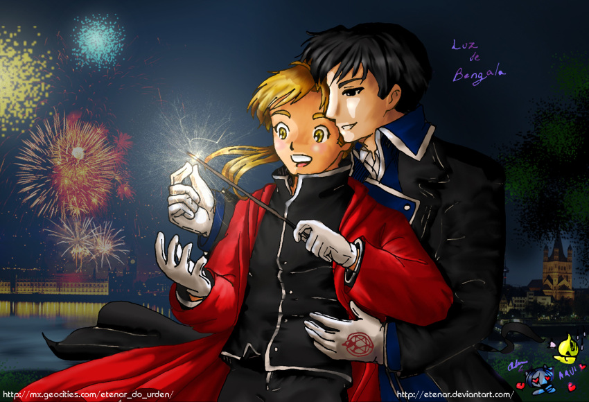 alphonse_elric, black_hair, blonde_hair, fireworks, fullmetal_alchemist, hagane_no_renkijutsuji, olinca, roy_mustang