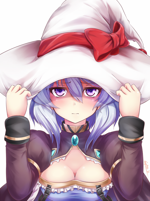 1girl, breasts, cleavage, cleavage_cutout, construction_sign_(ole_tower), electric_sign_board_(ole_tower), hands_on_headwear, hat