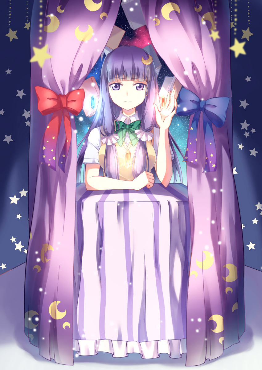 1girl, absurdres, book, cosplay, crescent, crescent_hair_ornament, gogatsu_fukuin, hair_ornament