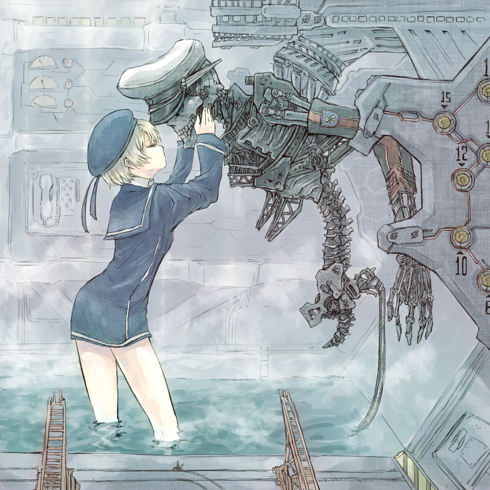 1girl, bare_legs, blonde_hair, cyborg, hands_on_another's_face, hat, kantai_collection, machinery, military_hat, peaked_cap, re:chaen, sailor_collar, sailor_dress, sailor_hat, short_hair, wading, z1_leberecht_maass_(kantai_collection)