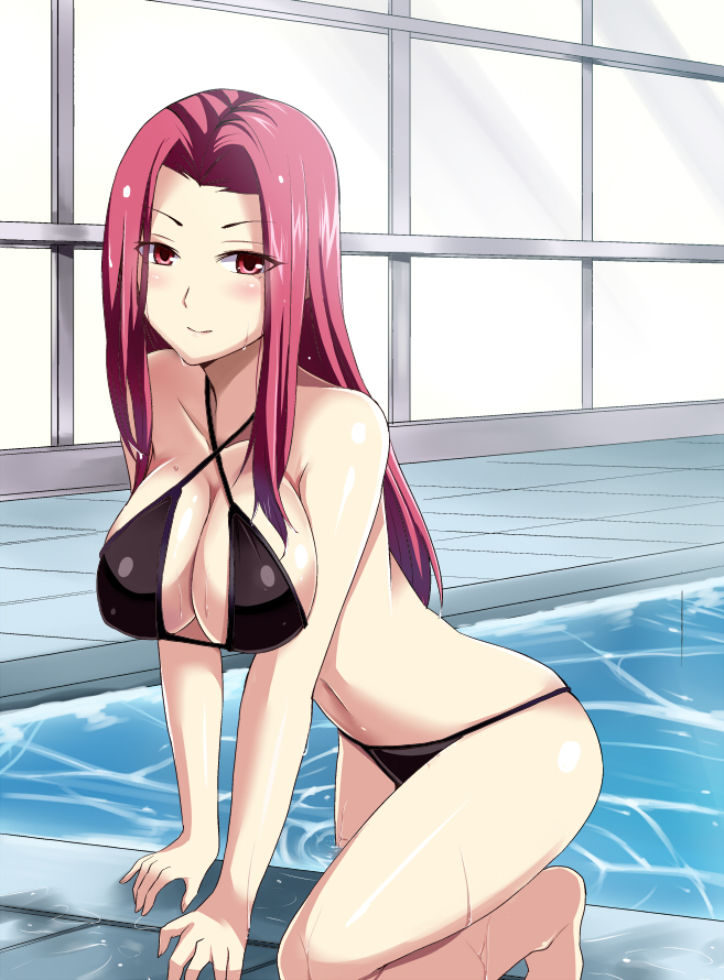 1girl, arm_support, barefoot, bikini, black_bikini, blush, breasts, cleavage