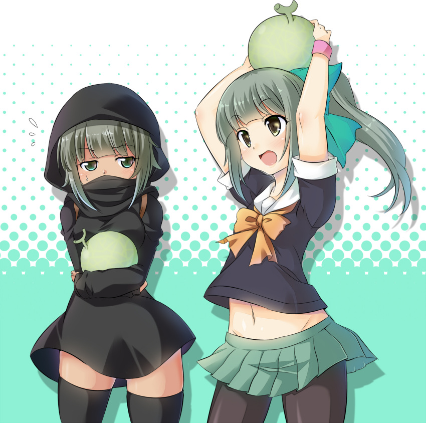 bow, brown_eyes, food, fruit, grey_hair, hair_bow, highres, hoodie