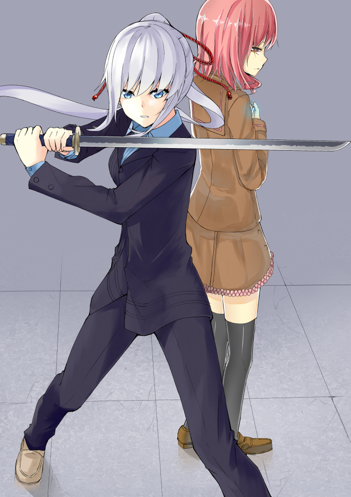 2girls, blue_eyes, brown_eyes, fighting_stance, fuotchan, holding, katana, long_hair