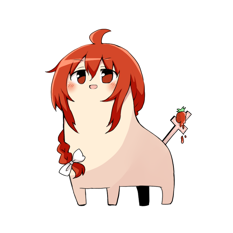 ahoge, bow, braid, cross, food, fruit, hair_bow, long_hair, no_humans, okazaki_yumemi, red_eyes, redhead, smile, solo, strawberry, su----per_cute, touhou, wadante, white_background