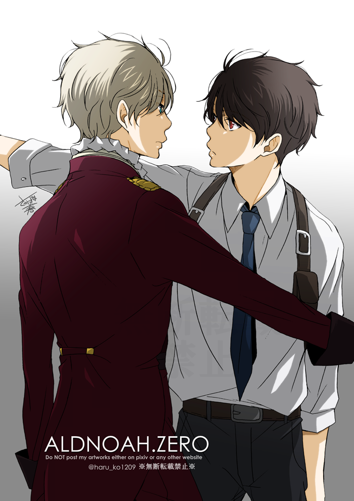 2boys, aldnoah.zero, back, belt, brown_eyes, brown_hair, epaulettes, holster, jacket, kaizuka_inaho, male_focus, military, military_uniform, mmm1209, multiple_boys, necktie, short_hair, silver_hair, slaine_troyard, uniform