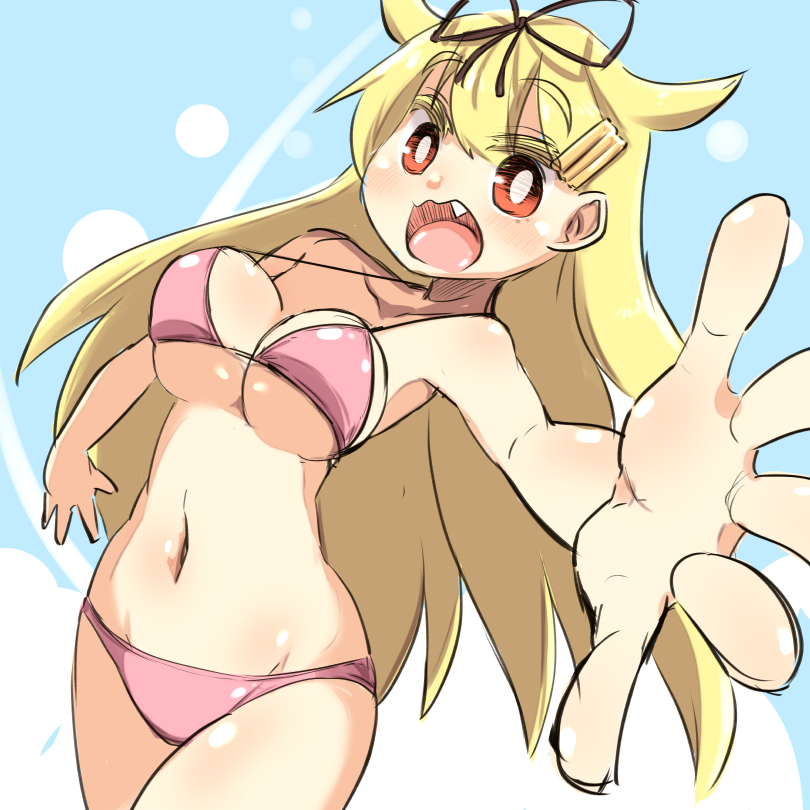 1girl, bikini, blonde_hair, fang, foreshortening, hair_ribbon, kantai_collection, long_hair