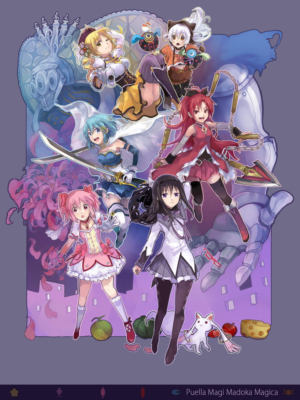 6+girls, akemi_homura, apple, argyle, argyle_legwear, armband, black_hair, blonde_hair