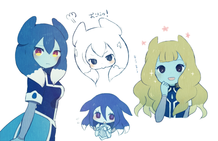 ayu_(mog), blonde_hair, blue_hair, blue_skin, blush, churuka_potta, frown, inazuma_eleven_(series), inazuma_eleven_go, inazuma_eleven_go_galaxy, long_hair, multicolored_hair, powai_pichori, simple_background, sketch, translation_request, two-tone_hair, urumi_chapupu, violet_eyes, white_background, white_hair