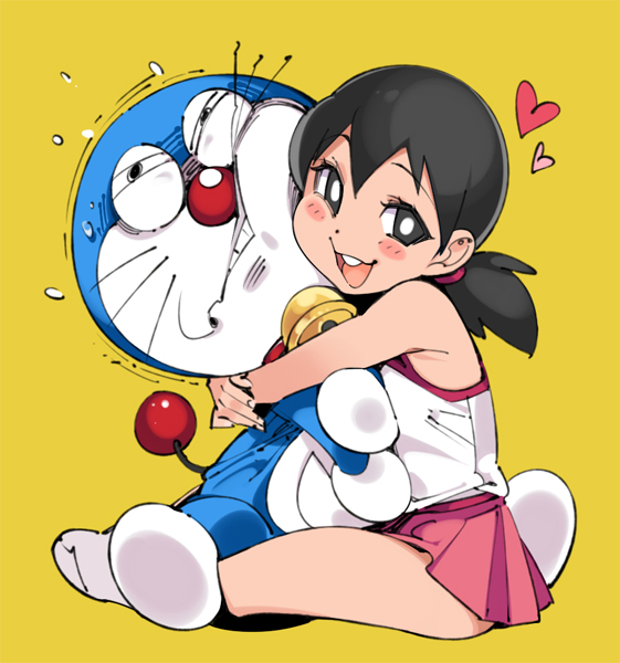 1boy, 1girl, bell, black_hair, doraemon, doraemon_(character), hug, long_hair