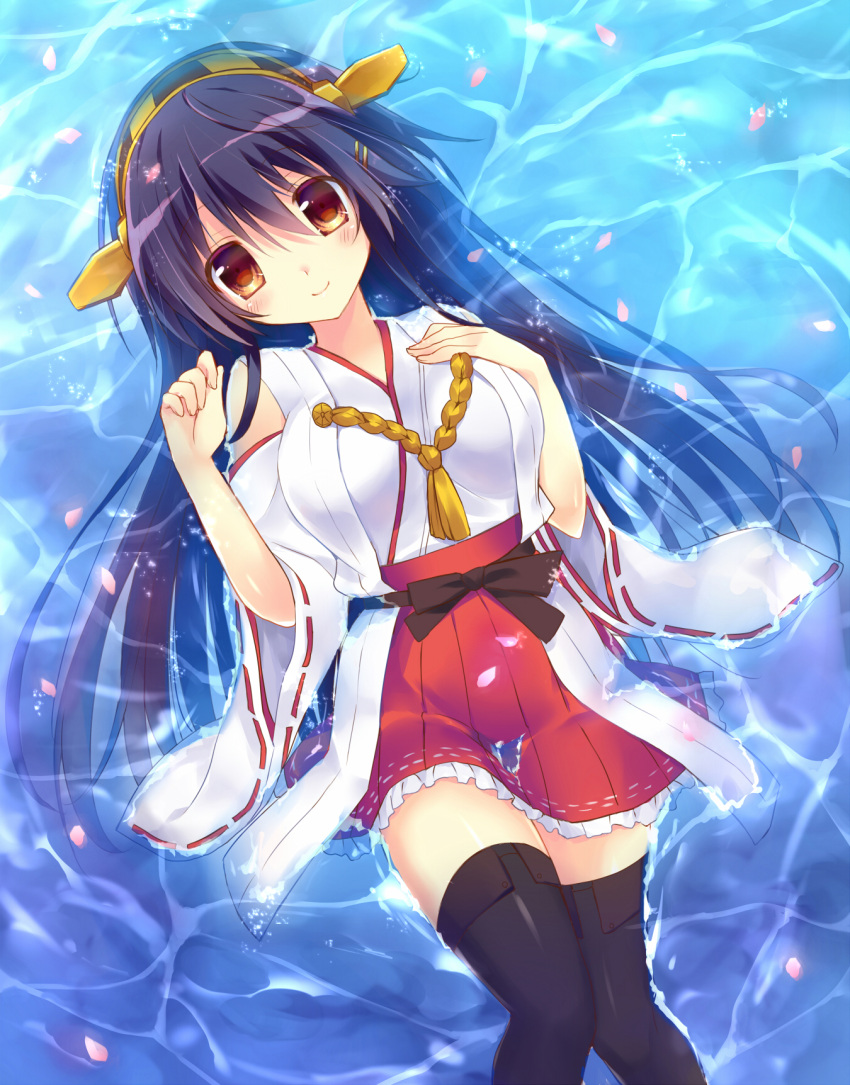 1girl, afloat, black_hair, black_legwear, blush, breasts, brown_eyes, clenched_hand
