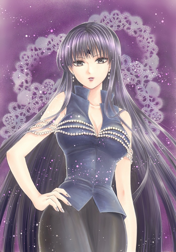 1girl, bishoujo_senshi_sailor_moon, black_hair, breasts, cleavage, dress, earrings, facial_mark, forehead_mark, grey_eyes, hand_on_hip, jewelry, jyan_borii, long_hair, mistress_9, solo, star, very_long_hair