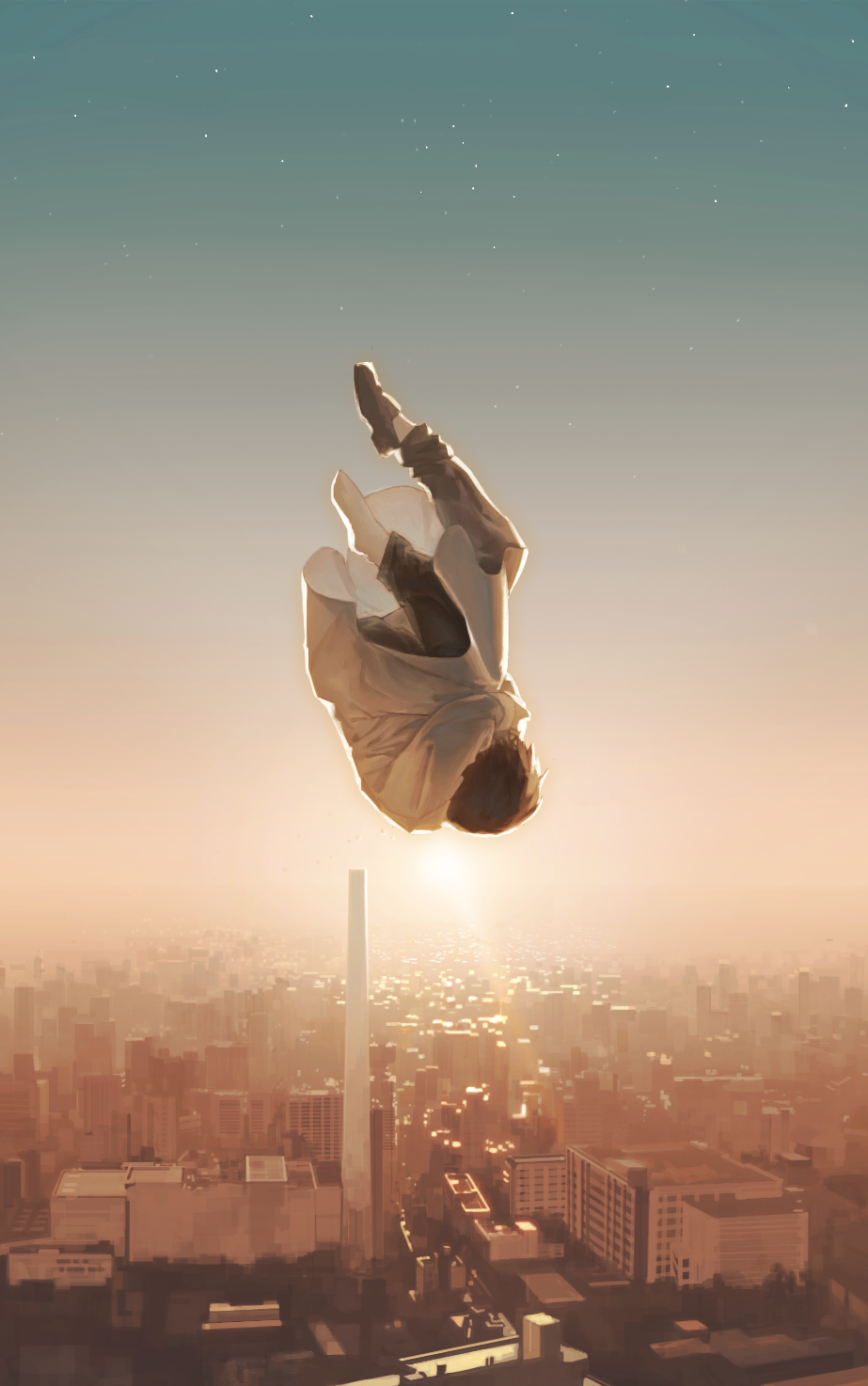 black_hair, city, cityscape, falling, fetal_position, highres, original, scenery, short_hair, sky, solo, star_(sky), sun, twilight, zipperradio