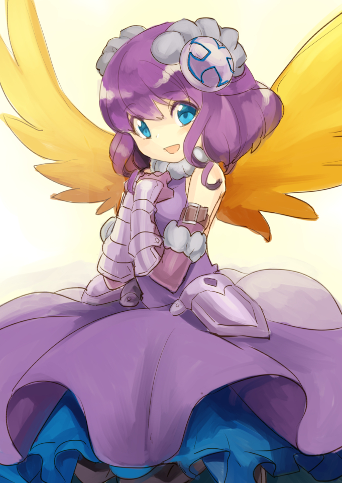 1girl, :d, armor, armored_dress, bare_shoulders, belt, black_legwear, blue_eyes