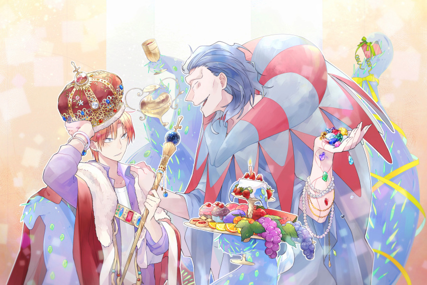 2boys, bendan-daizi, blue_hair, cake, cape, caster_(fate/zero), crown, fate/zero, fate_(series), food, highres, jewelry, multiple_boys, shoggoth, staff, sweets, tentacles, uryuu_ryuunosuke