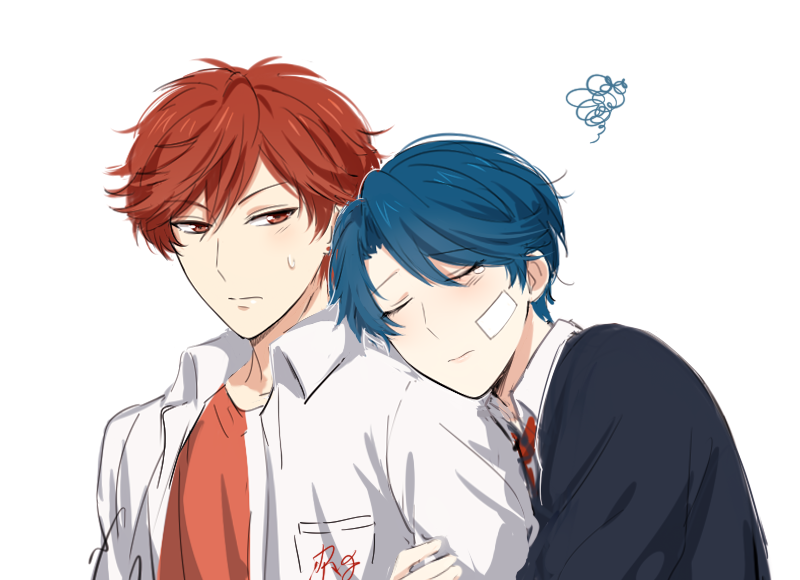 1boy, 1girl, apfl0515, arm_hug, bandage_on_face, blue_hair, closed_eyes, earrings