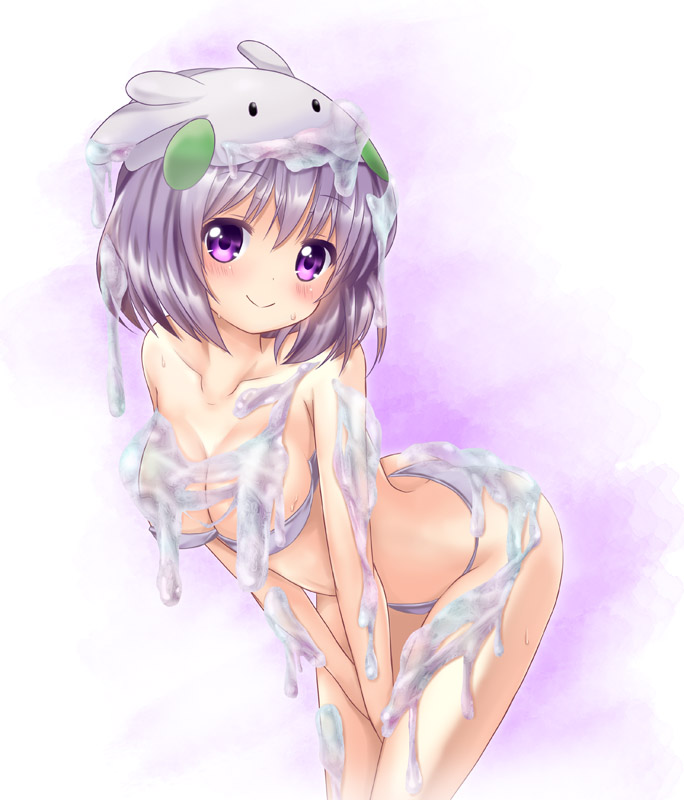 1girl, aoi_kanan, bikini, blush, goomy, lavender_hair, leaning_forward, moemon, personification, pokemon, pokemon_(game), slime, smile, swimsuit, violet_eyes