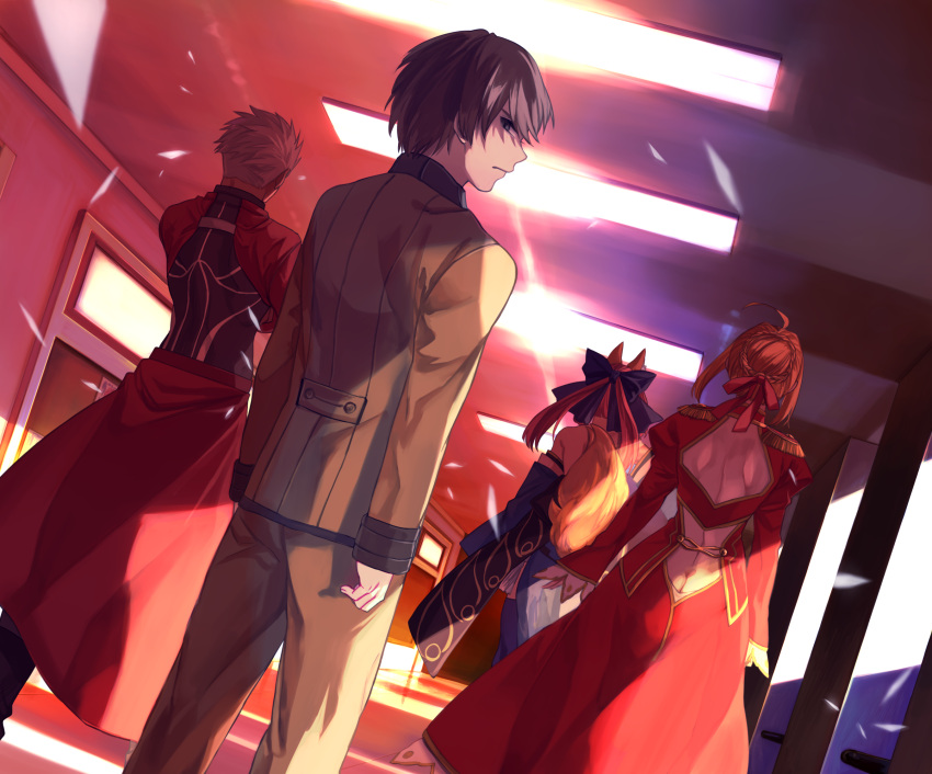 2boys, 2girls, archer, caster_(fate/extra), dress, dutch_angle, fate/extra, fate_(series), from_behind, hair_bun, highres, kishinami_hakuno_(male), kona_(mmm3608), multiple_boys, multiple_girls, saber_extra, school_uniform