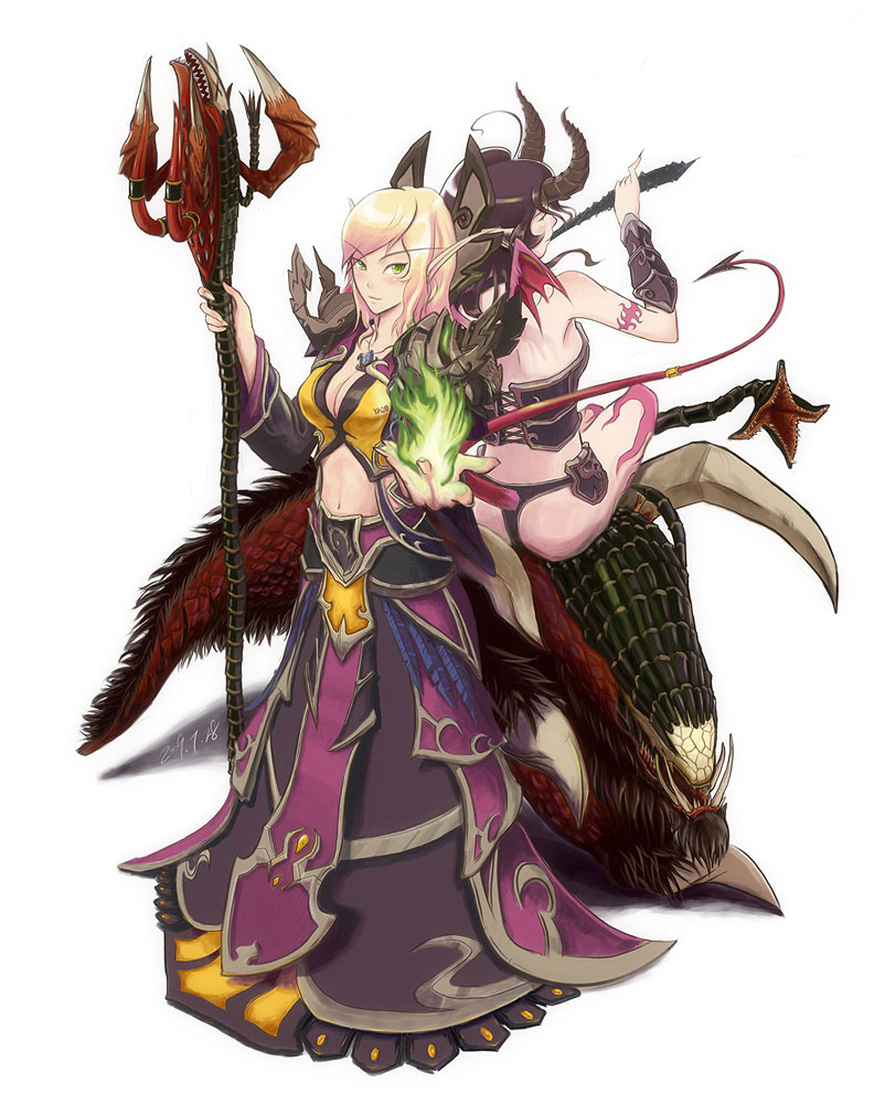 blood_elf, blush, breasts, cleavage, demon_girl, demon_tail, dress, fel_hunter