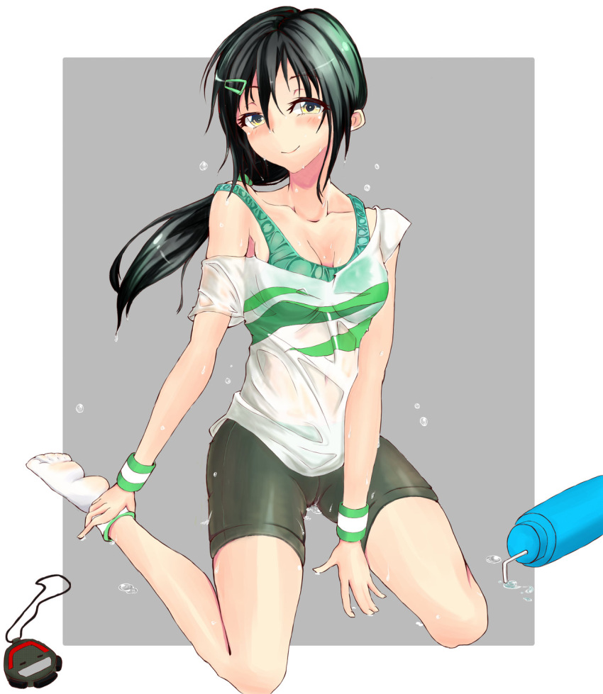 1girl, bike_shorts, black_hair, bottle, bra_strap, collarbone, dripping, flying_sweatdrops